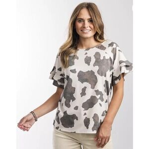 Daytrip Cow Print Ruffle Sleeve Scoop Neck Western Top Women's Size Small